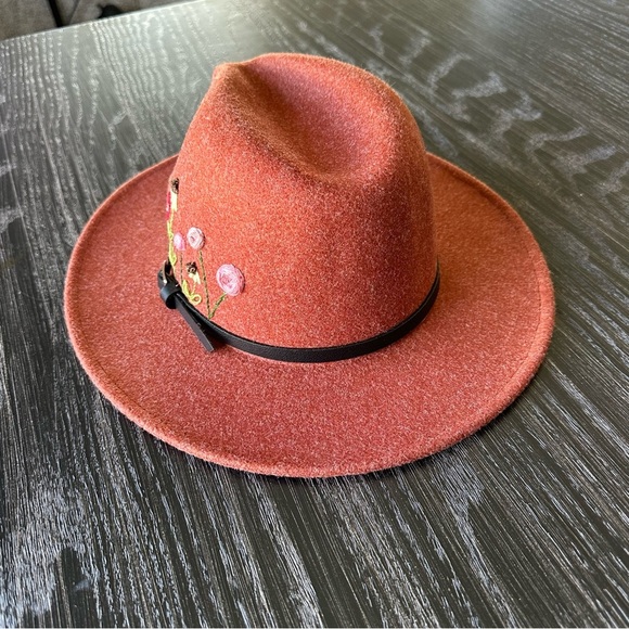 Hand-Embroidered Wool-Blend Adjustable Floral Burnt Orange Fedora Wide Brim Hat - Picture 5 of 11